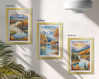 Gallery wall Herfstlandschap in de bergen met een rivier en een huisje aan het water.