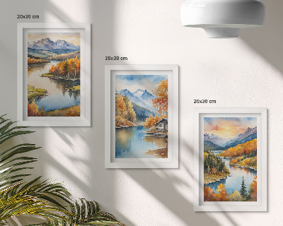 Gallery wall Herfstlandschap in de bergen met een rivier en een huisje aan het water.