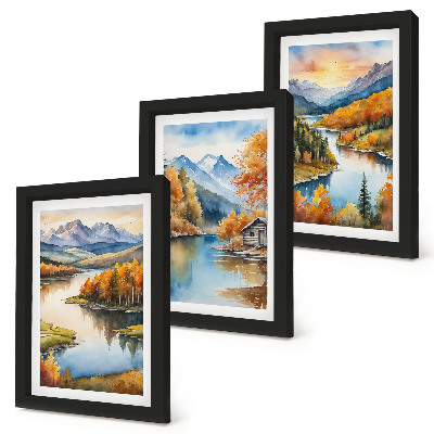 Gallery wall Herfstlandschap in de bergen met een rivier en een huisje aan het water.
