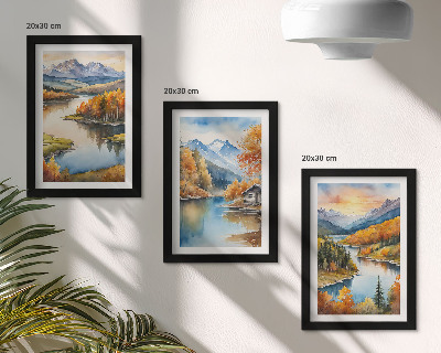 Gallery wall Herfstlandschap in de bergen met een rivier en een huisje aan het water.
