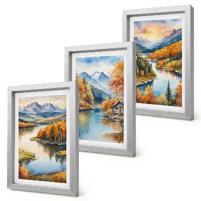 Gallery wall Herfstlandschap in de bergen met een rivier en een huisje aan het water.