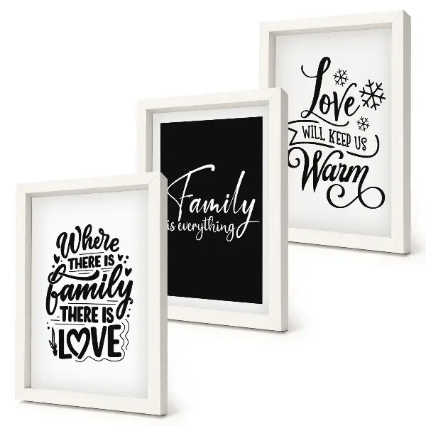 Set van ingelijste schilderijen met citaten over familie, liefde, warmte en thuis