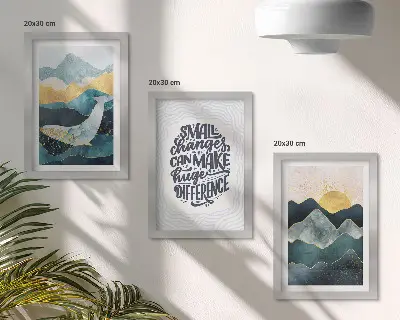 Gallery wall met abstracte berglandschappen en een inspirerende inscriptie