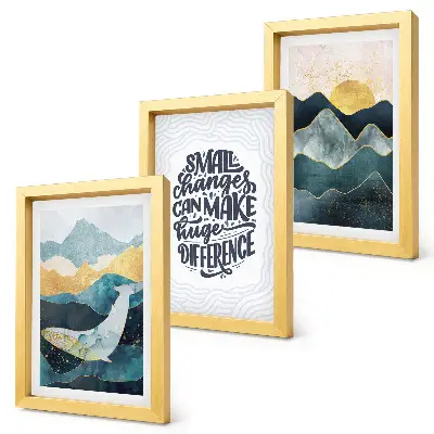 Gallery wall met abstracte berglandschappen en een inspirerende inscriptie
