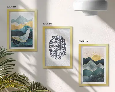 Gallery wall met abstracte berglandschappen en een inspirerende inscriptie