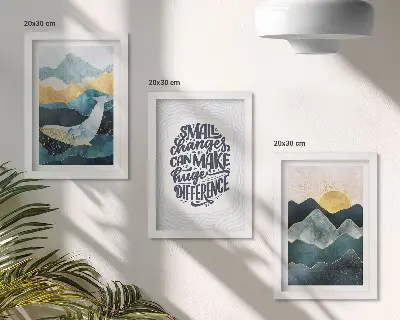 Gallery wall met abstracte berglandschappen en een inspirerende inscriptie