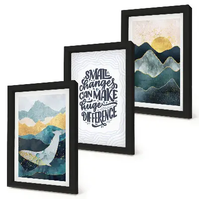 Gallery wall met abstracte berglandschappen en een inspirerende inscriptie