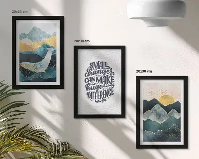 Gallery wall met abstracte berglandschappen en een inspirerende inscriptie