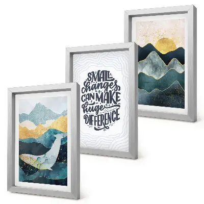 Gallery wall met abstracte berglandschappen en een inspirerende inscriptie