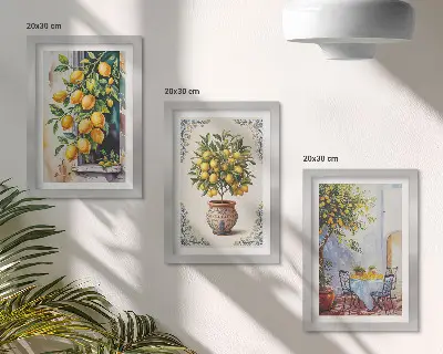 Set ingelijste schilderijen met citroenbomen en -fruit in een zonnige omgeving