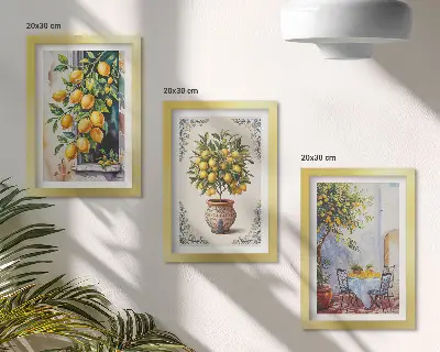 Set ingelijste schilderijen met citroenbomen en -fruit in een zonnige omgeving