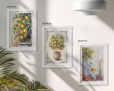 Set ingelijste schilderijen met citroenbomen en -fruit in een zonnige omgeving