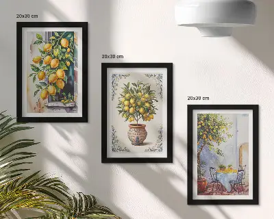 Set ingelijste schilderijen met citroenbomen en -fruit in een zonnige omgeving