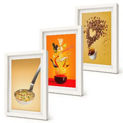 Set van ingelijste schilderijen met keukenthema's voor eten en drinken