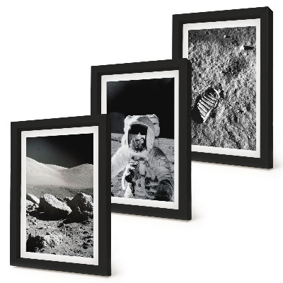 Set van ingelijste schilderijen Maanfoto's met astronaut en voetafdruk