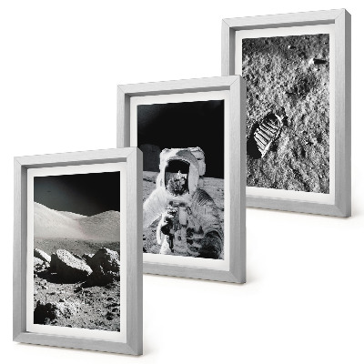 Set van ingelijste schilderijen Maanfoto's met astronaut en voetafdruk