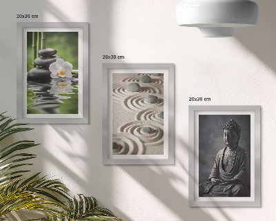 Gallery wall Rustgevend uitzicht op Boeddha, stenen op het strand en bamboe.