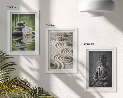 Gallery wall Rustgevend uitzicht op Boeddha, stenen op het strand en bamboe.