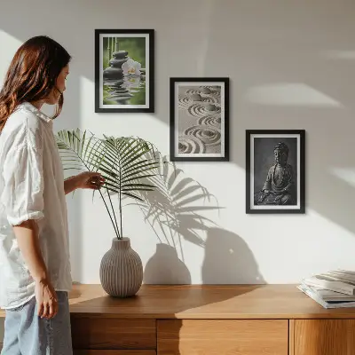 Gallery wall met rustgevend uitzicht op een Boeddha, stenen op het strand en bamboe
