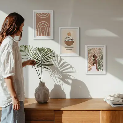 Set van ingelijste schilderijen met stijlvolle patronen in plantmotieven en geometrische vormen