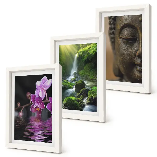 Set ingelijste schilderijen met bloemen in het water, waterval met groene rotsen en een Boeddha