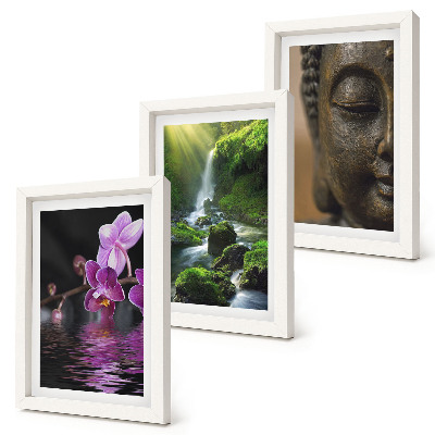 Set van ingelijste schilderijen Bloemen in het water, waterval met groene rotsen, Boeddha