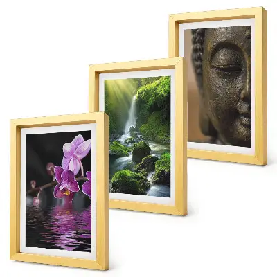 Set ingelijste schilderijen met bloemen in het water, waterval met groene rotsen en een Boeddha