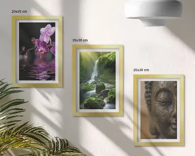 Set ingelijste schilderijen met bloemen in het water, waterval met groene rotsen en een Boeddha