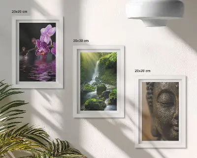 Set ingelijste schilderijen met bloemen in het water, waterval met groene rotsen en een Boeddha