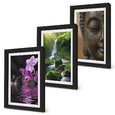 Set van ingelijste schilderijen Bloemen in het water, waterval met groene rotsen, Boeddha