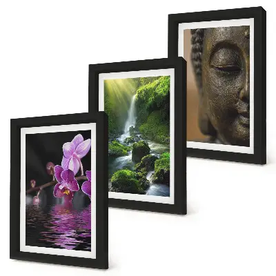 Set ingelijste schilderijen met bloemen in het water, waterval met groene rotsen en een Boeddha