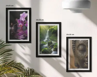 Set ingelijste schilderijen met bloemen in het water, waterval met groene rotsen en een Boeddha