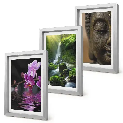 Set ingelijste schilderijen met bloemen in het water, waterval met groene rotsen en een Boeddha