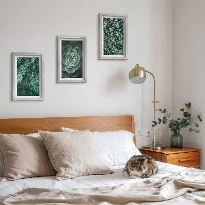 Set van ingelijste schilderijen met groene bladeren van vetplanten en tere takjes