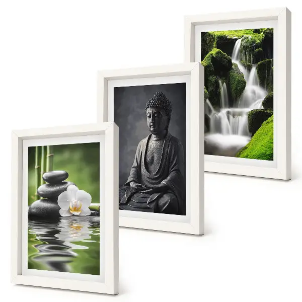 Set van ingelijste schilderijen met rustgevende zen-afbeeldingen van water, stenen en een boeddha