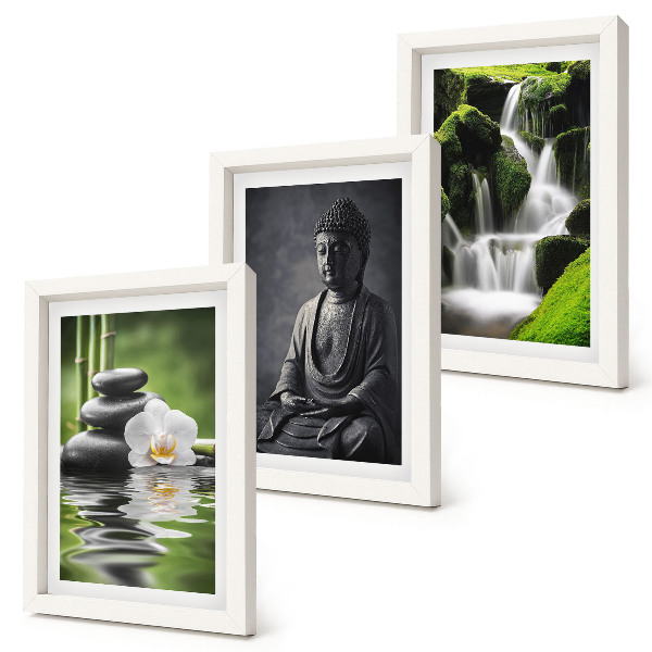 Set van ingelijste schilderijen Rustgevende ZEN-schilderijen met water, stenen en Boeddha.