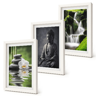 Set van ingelijste schilderijen Rustgevende ZEN-schilderijen met water, stenen en Boeddha.