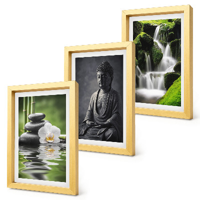 Set van ingelijste schilderijen Rustgevende ZEN-schilderijen met water, stenen en Boeddha.