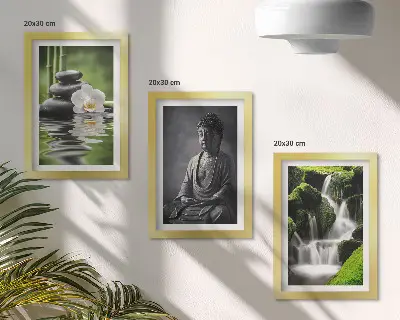 Set van ingelijste schilderijen met rustgevende zen-afbeeldingen van water, stenen en een boeddha