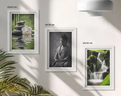 Set van ingelijste schilderijen met rustgevende zen-afbeeldingen van water, stenen en een boeddha