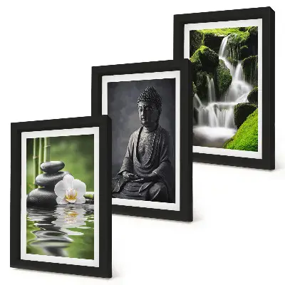 Set van ingelijste schilderijen met rustgevende zen-afbeeldingen van water, stenen en een boeddha