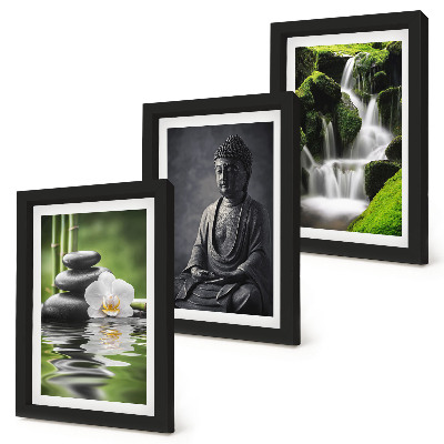 Set van ingelijste schilderijen Rustgevende ZEN-schilderijen met water, stenen en Boeddha.