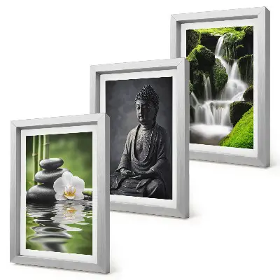 Set van ingelijste schilderijen met rustgevende zen-afbeeldingen van water, stenen en een boeddha