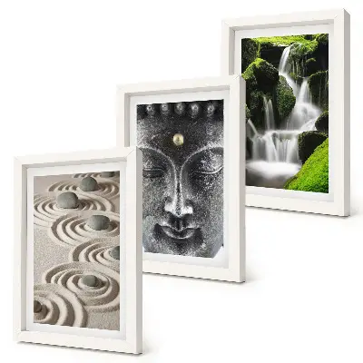 Gallery wall met rustgevende natuur, stenen, waterval en Boeddhabeeld