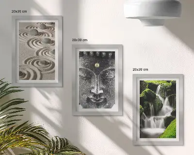 Gallery wall met rustgevende natuur, stenen, waterval en Boeddhabeeld