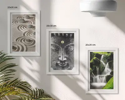 Gallery wall met rustgevende natuur, stenen, waterval en Boeddhabeeld