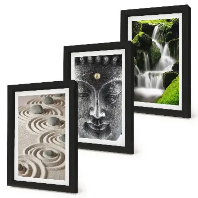 Gallery wall met rustgevende natuur, stenen, waterval en Boeddhabeeld