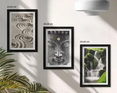Gallery wall met rustgevende natuur, stenen, waterval en Boeddhabeeld