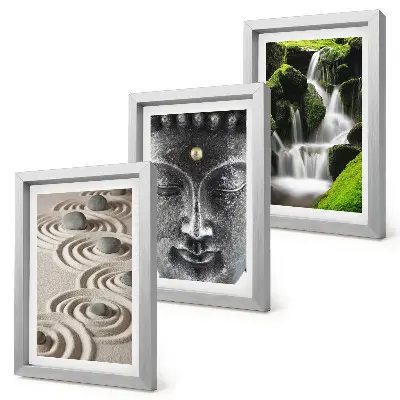 Gallery wall met rustgevende natuur, stenen, waterval en Boeddhabeeld