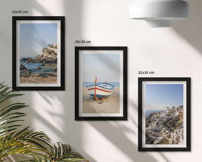 Gallery wall Uitzicht op zee met boot en witte huizen, Griekenland